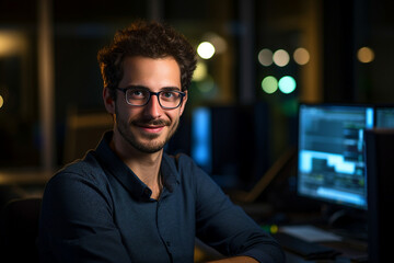Experienced hacker in action breaking software protection server code Generative Ai image pic