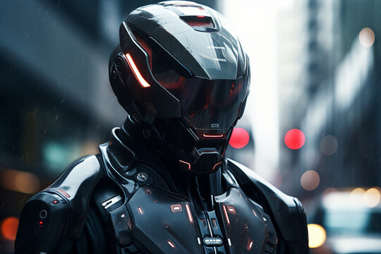 Science fiction picture of modern cyborg with a cyberpunk helmet on a futuristic background made with generative AI