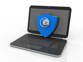 Poster - laptop with shield. Isolated 3d rendering image