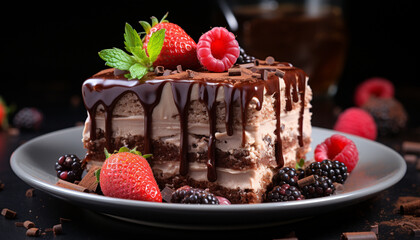 Wall Mural - Fresh strawberry and raspberry slice on a chocolate dessert plate generated by AI