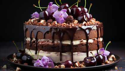 Wall Mural - Homemade chocolate cake with fresh strawberry decoration on wooden plate generated by AI