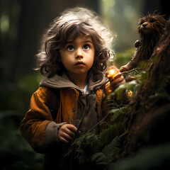 Wall Mural - A child with a curious expression exploring a forest