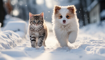 Poster - Cute puppy and kitten playing in snowy forest, looking at camera generated by AI