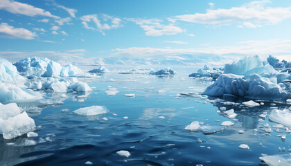 Poster - Floating ice floe reflects the majestic mountain range at sunset generated by AI