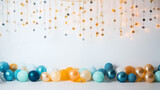 Fototapeta  - Urodzinowa ściana - tło na życzenia z okazji rocznic, jubileuszów, narodzin, chrztu, ślubu. Dekoracje z balonami, prezentami i girlandami