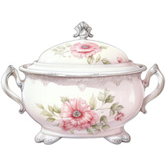 Wall Mural - Watercolor pretty shabby chic tureen, isolated on transparent background