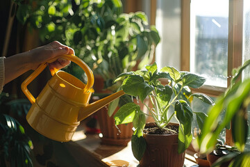 hand with water can watering indoor plants on sunny windowsill