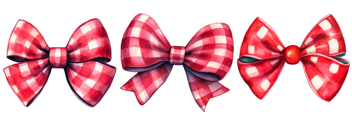 Set of waterolor cherry colors checkered bow, isolated on transparent background
