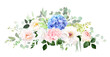 Blue, pink, green hydrangea flowers, white peony, salal, emerald greenery and eucalyptus wedding vector bouquet