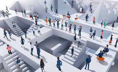 Business people having presentation with puzzles in an abstract business environment with stairs and lots of people working together, walking up and down. 3D rendering