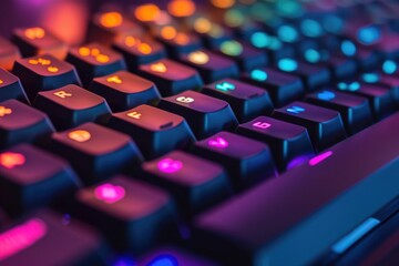 Poster - A photograph showcasing a close up of a computer keyboard with vibrant, colorful lights, Close-up of keys on a mechanical keyboard, AI Generated