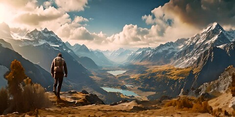 Canvas Print - Hiker with backpack standing on top of a mountain and looking at the valley. 4K Video