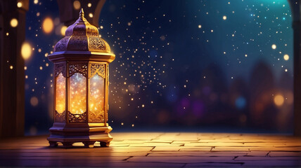 Arabic lantern of Ramadan celebration day or eid al fitr adha, copy space text area background