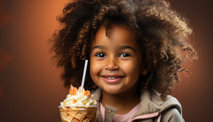 Wall Mural - Smiling girl enjoying ice cream, happiness in childhood portrait generated by AI
