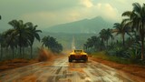 Fototapeta  - a yellow truck driving down a dirt road with palm trees on both sides of the road and a mountain in the background.