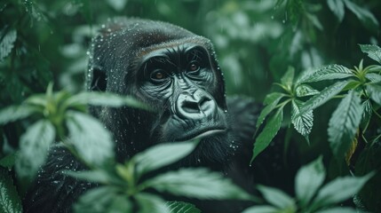 a gorilla standing in the middle of a lush green forest with leaves on either side of it's face.