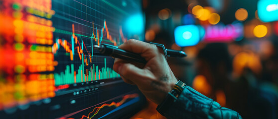 A hand with a graphing pen and trading indicator in front of a computer screen