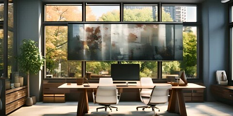 Poster - Grey business interior with computers and panoramic window. Mockup frame 4K Video