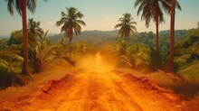 A Dirt Road With Palm Trees On Both Sides And A Yellow Dust Trail On The Other Side Of The Road.