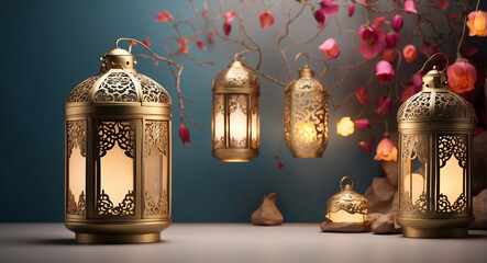 Wall Mural - Arabic lantern of Ramadan celebration day or eid al fitr adha, copy space text area background