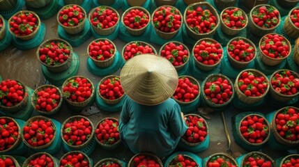  a person with a straw hat standing in front of a bunch of baskets filled with strawberries on the ground.