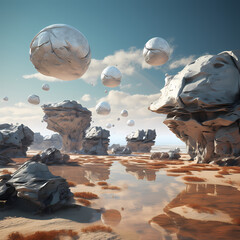 Poster - A surreal desert landscape with floating rocks.