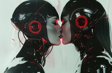 A Woman With Headphones Kissing A Man In Front Of A Wall With A Red Light Coming Out Of Her Face.