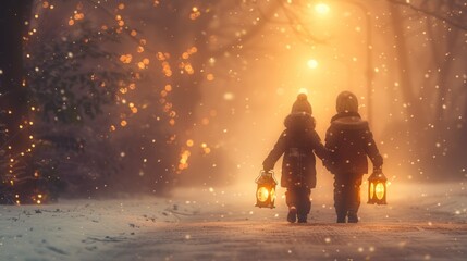 a couple of people walking down a snow covered road with two lights on each side of the people are holding hands.