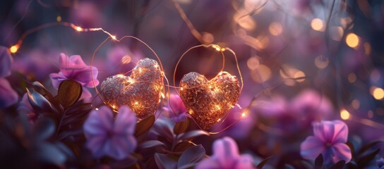 a couple of heart shaped lights sitting on top of a bush of purple flowers in front of a blurry background.