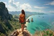 A lone adventurer stands atop a cliff taking in the breathtaking green-covered island and turquoise sea, evoking wonder and exploration