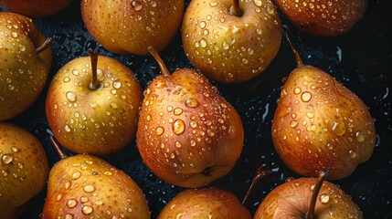 Wall Mural - fresh  ripe pears with water drops on a black background.