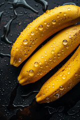 Wall Mural - fresh ripe bananas with drops on dark background.
