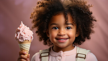 Wall Mural - Smiling child holding ice cream, enjoying sweet summer treat generated by AI