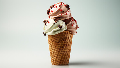 Canvas Print - Gourmet ice cream cone, a sweet summer indulgence with strawberry generated by AI