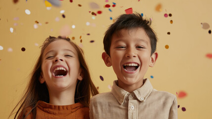 Portrait of two laughing children with dark hair osing together at a holiday party with confetti on yellow background