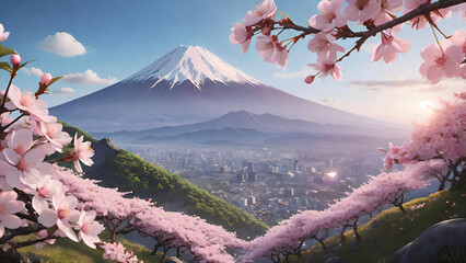 Wall Mural - Blossoming branches with Mount Fuji Background