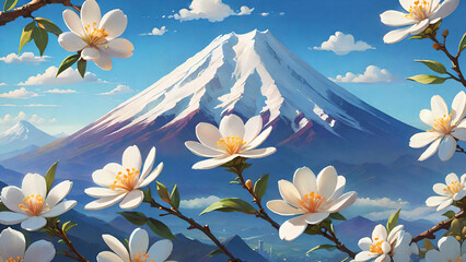 Sticker - Blossoming branches with Mount Fuji Background