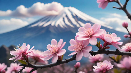 Poster - Blossoming branches with Mount Fuji Background