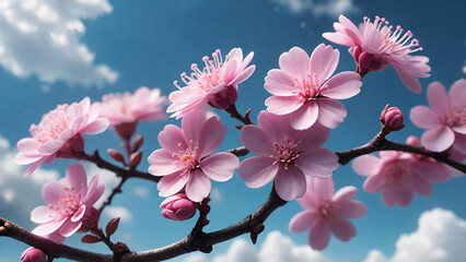 Poster -  Blossoming branches with blue sky background