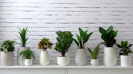 Set of various houseplants in flowerpots, with a white brick wall backdrop. green decorating idea