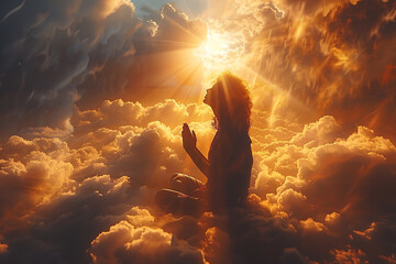 Wall Mural - a man kneels and prays, hands folded and raised, and a ray of light falls from the sky
