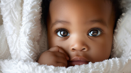 Sticker - close-up of a baby with large green eyes peering out from under a white knitted blanket, with a soft, focused gaze.