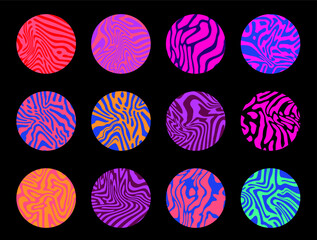 Aufkleber - Set of colorful circles with wavy psychedelic pattern. Collection of abstract modern elements for poster, cover, logotype design.