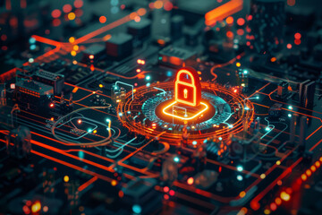 Poster - A circuit board with a padlock in the center