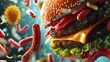 A microscopic view of a hamburger incorporating elements of bacteria, created in a 3D, unique illustrative style