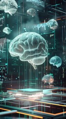 A digital illustration showing cloud computing technology identifying early signs of Alzheimers in a brain scan