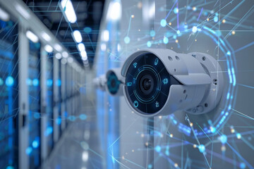 Poster - A security camera in a hallway with a blue background