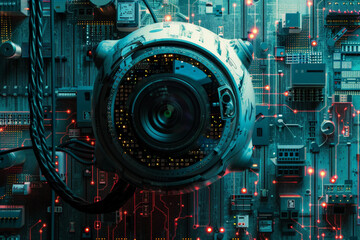 Poster - A futuristic camera is surrounded by a circuit board