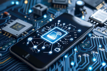 Poster - A smart phone is sitting on top of a circuit board