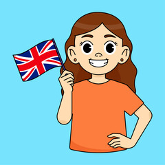 The girl smiles holding the flag of England. Language learning concept